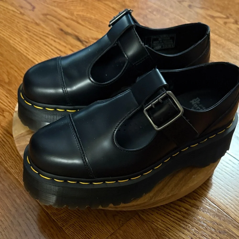 Dr. Martens Bethan Mary Jane Platform Shoes with Yellow Stitching - Picture 2 of 16